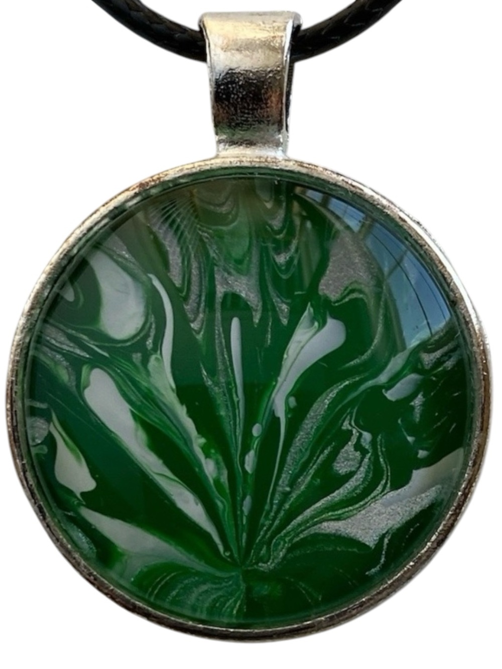 Hand Crafted Fluid Art Necklace by Svetlana Yeung Green Silver White Pendant